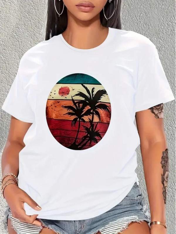 Kadın Kısa Kollu Palmiye Baskılı Viskon Bluz, 26503